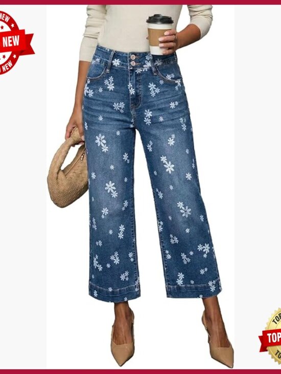 Denim - High Waisted Wide Leg Stretch Denim Jeans for Women, Baggy Fit